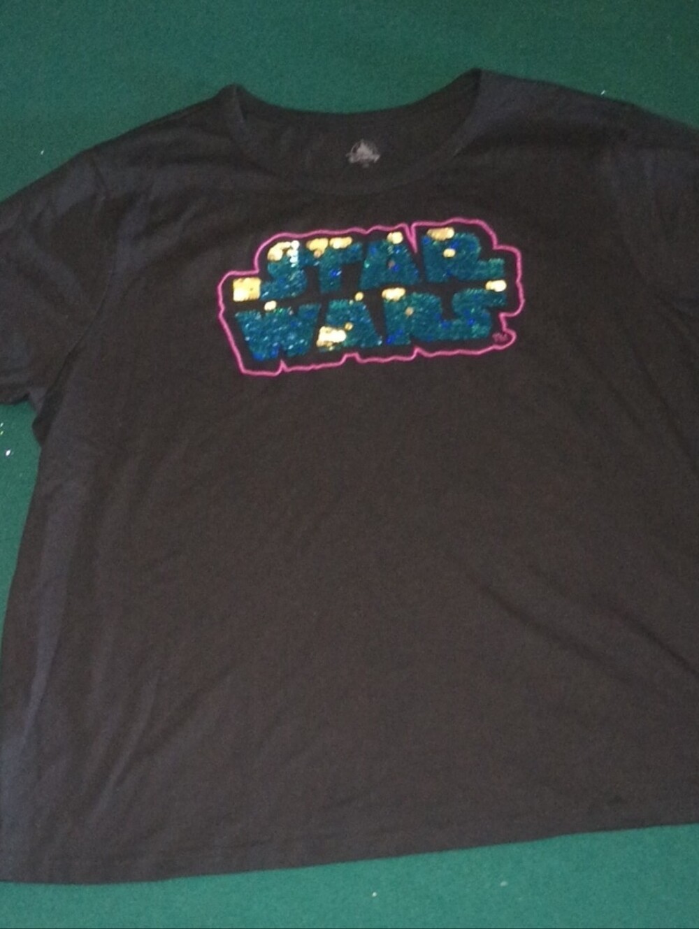 Star Wars Disney Black Tee with Blue Sequin Logo and Pink Outline